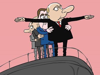 Путин и Медведев на "Титанике". Карикатура: С. Елкин, politicalcartoons.com